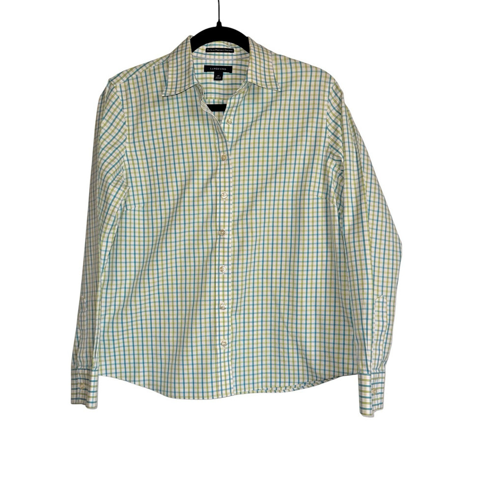 Lands End Sz 12P No Iron Pinpoint Oxford Shirt Plaid Office Preppy Casual‎